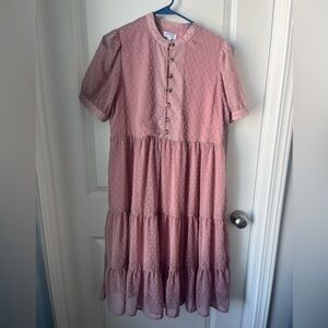 Indie And Co Pink Ribbed Polka Dots Midi Dress With Short Puff Sleeves Size Larg